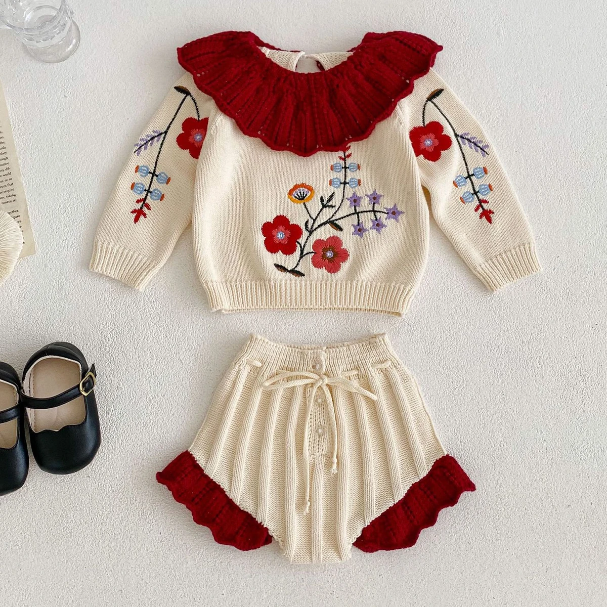 Instagram Spring and Autumn New Versatile Sweater Set Baby Girl Knit Set Embroidered Lotus Collar Top Lace Pants Two Piece Set