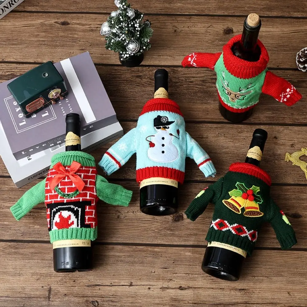 Elk Wine Bottle Cover Reusable Cover with Mini Santa Hat Christmas Knitted Bottle Cover Snowman Santa Claus Beer Bottle Cover