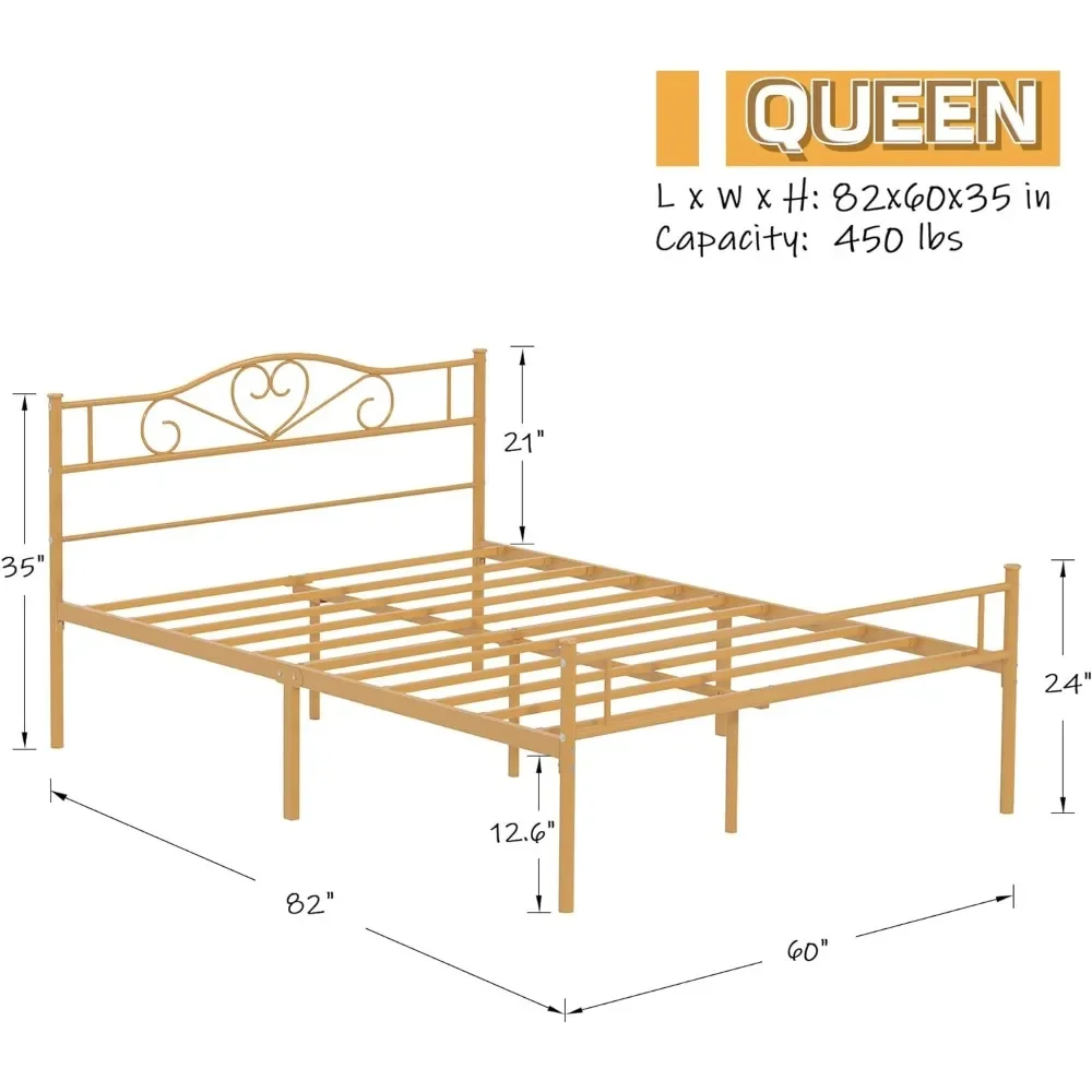 Metal Platform Bed Frame with Headboard & Footboard, Steel Slats Mattress Foundation, No Box Spring Needed, Queen, Gold