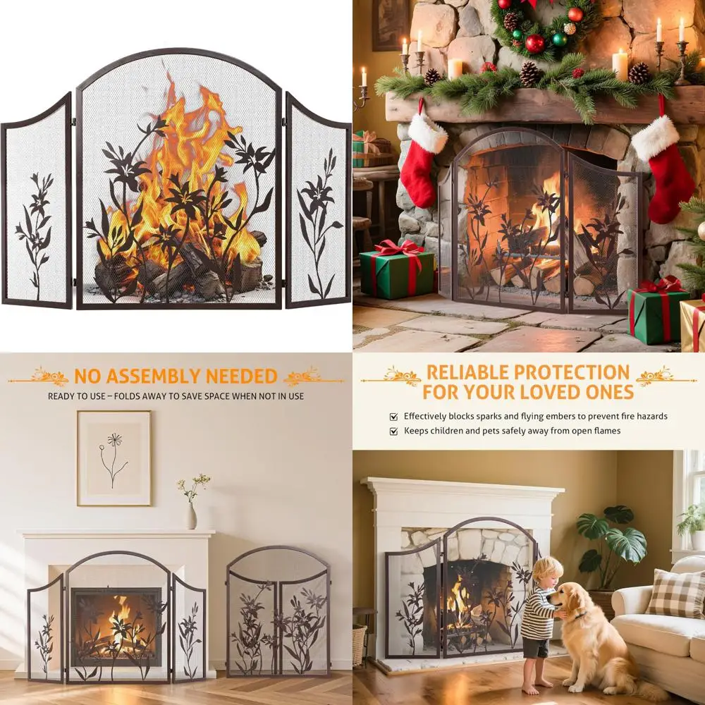 

Lily Pattern 3-Panel Folding Fireplace Screen, 48.4 x 25.6, Child Safety, Elegant Home Decor