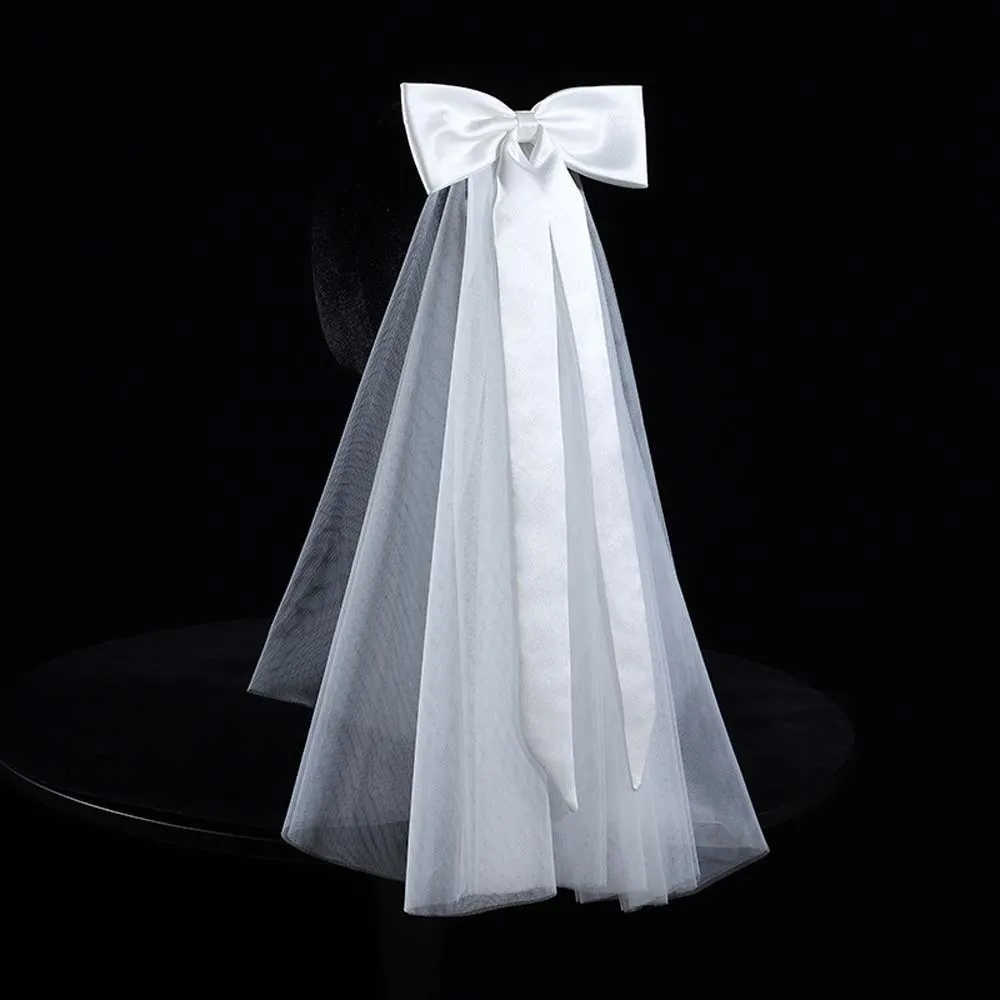 

Elegant Shawl Long Satin Bow Veil Single Layer Soft Tulle Bride's White Headgear Soft Romantic Bridal Headdress Gifts