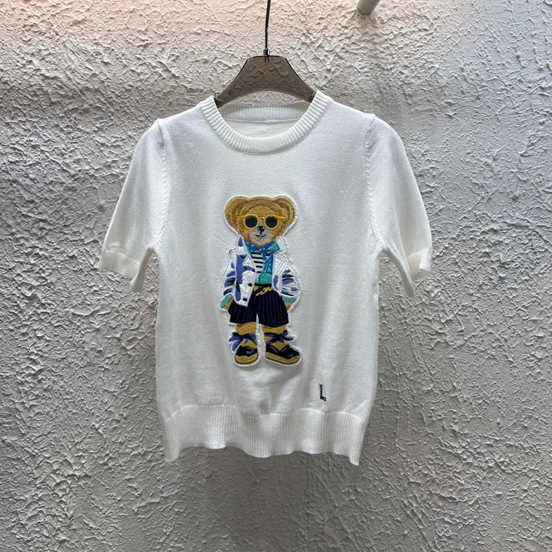 

Summer Women's Cartoon Bear Embroidery Knitted T-Shirt 2025 Korean Fashion Round Neck Short Sleeve Casual Pullover Tshirt Tops
