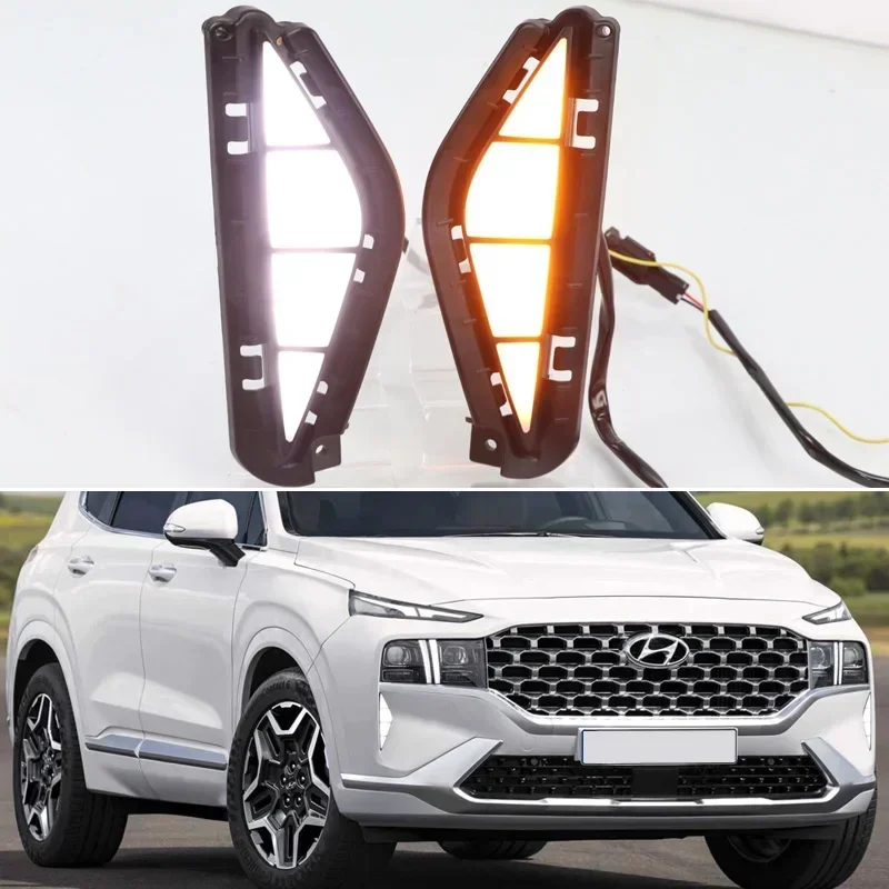 LED DRL Daylights For Hyundai Santa Fe 2021 2022 Dynamic Yellow Turn Signal Indicators Daytime Running Lamp Headlights
