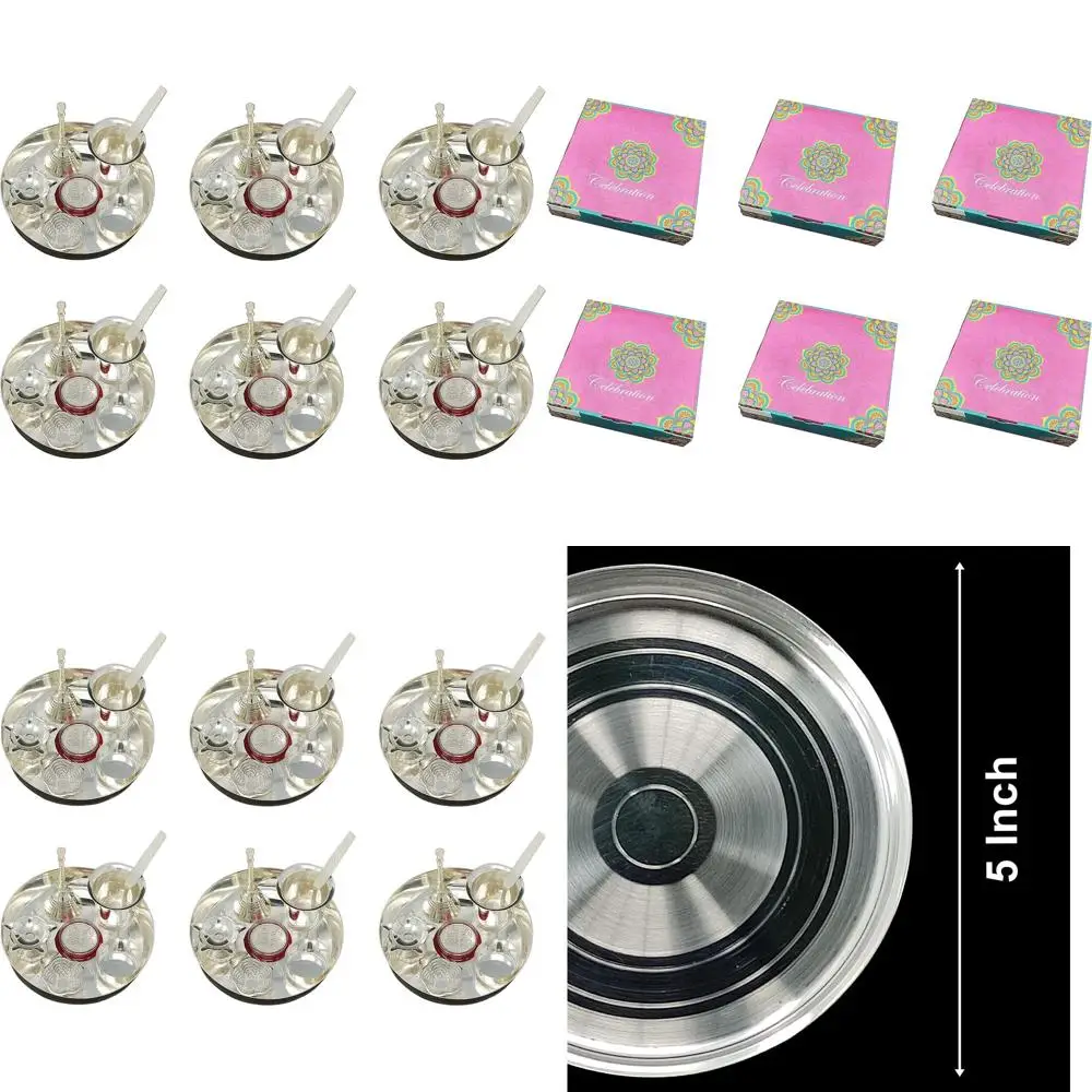 

Элегантный серебряный набор для подношений (Пуджа-Тали), 5 тарелок, подставка для кумкума, дия, ганти, стеклянная ложка, чаша, монеты, идеально подходит для Дивали, подарков