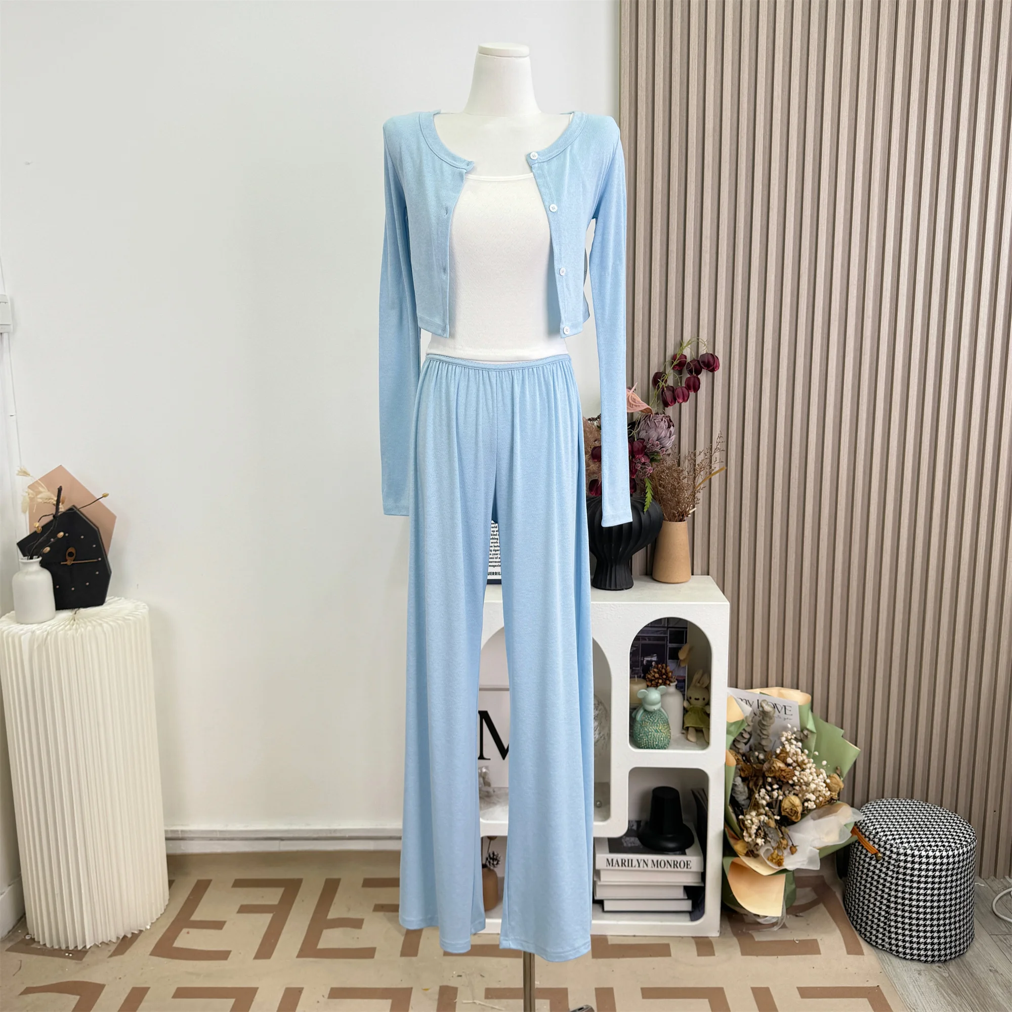 Women's Spring Autumn Casual Three Pieces Long Pants Set Lady O Neck Long Sleeve Short Cardigan + Camisole + Wide Leg Pants