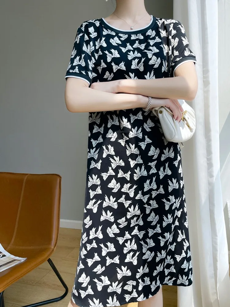 Été imprimé fleuri Midi Dr femmes taille ample acétate Satin ort Sve jupe tube droite coréen Sle rond Ne T-S...