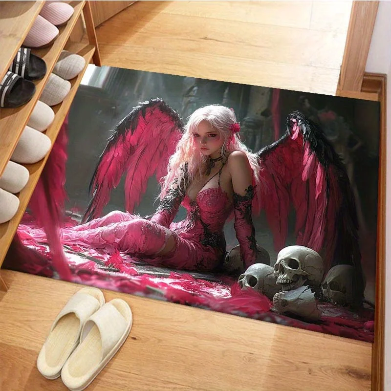 Black‑Winged Angel Printed Large Non‑Slip Rug, Decor Floor Mat for Bedroom, Living Room, Dorm, Balcony and Yoga