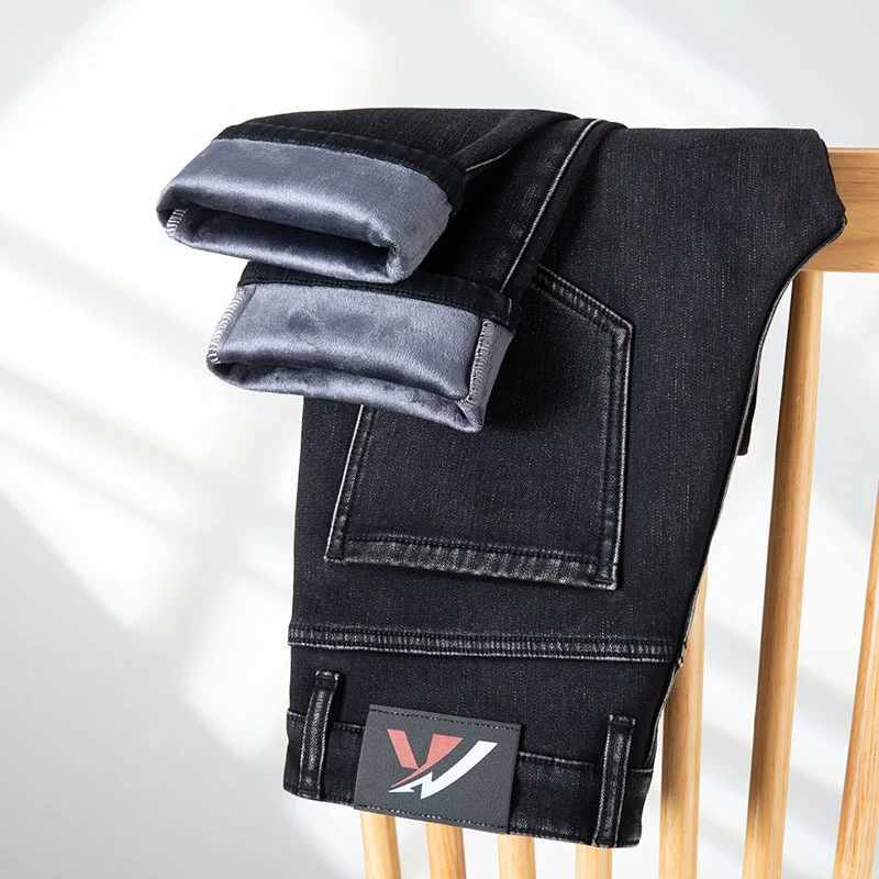 Neue Winter Stil männer Dicke Jeans Baumwolle Elastische Samt Warme Denim Hosen Modische Fit Gerade Slim Fit Wolle Arbeit Hosen