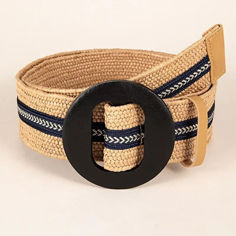 Spring/summer Patchwork Round Wood Buckle Women Belt Fashion Female Braided Wide Belts Designer PP Straw Woven Girls Waistband