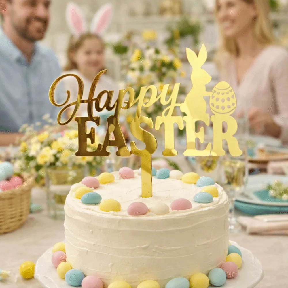 Acrylic Happy Easter Cake Topper Cartoon Decorative Rabbit Cake Toppers Rabbit Egg Pattern Cake Decoration Celebration Decor