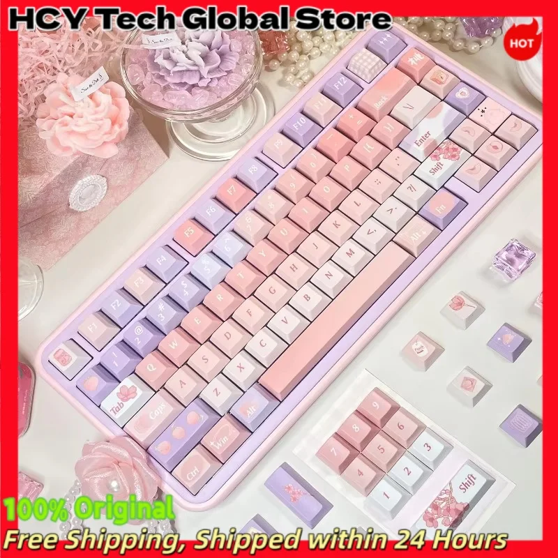 HCY Peach Ripe Theme PBT Keycap Cherry Profile 5-Side Dye Sub Wear‑Resistant MX CrossStem Keycap Set For 60 65 75 Alice Mech KBD