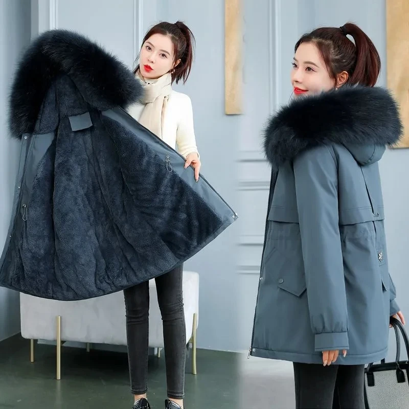 Women Parka Fashion Long Coat Wool Liner Hooded Parkas 2024 New Winter Jacket Slim with Fur Collar Warm Snow Wear Padded Clothes