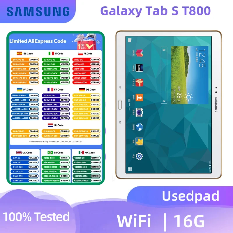 Samsung GALAXY Tab S T800 10.5inch  WIFI  2560x1600  7900mAh 8MP Camera Android  used pad