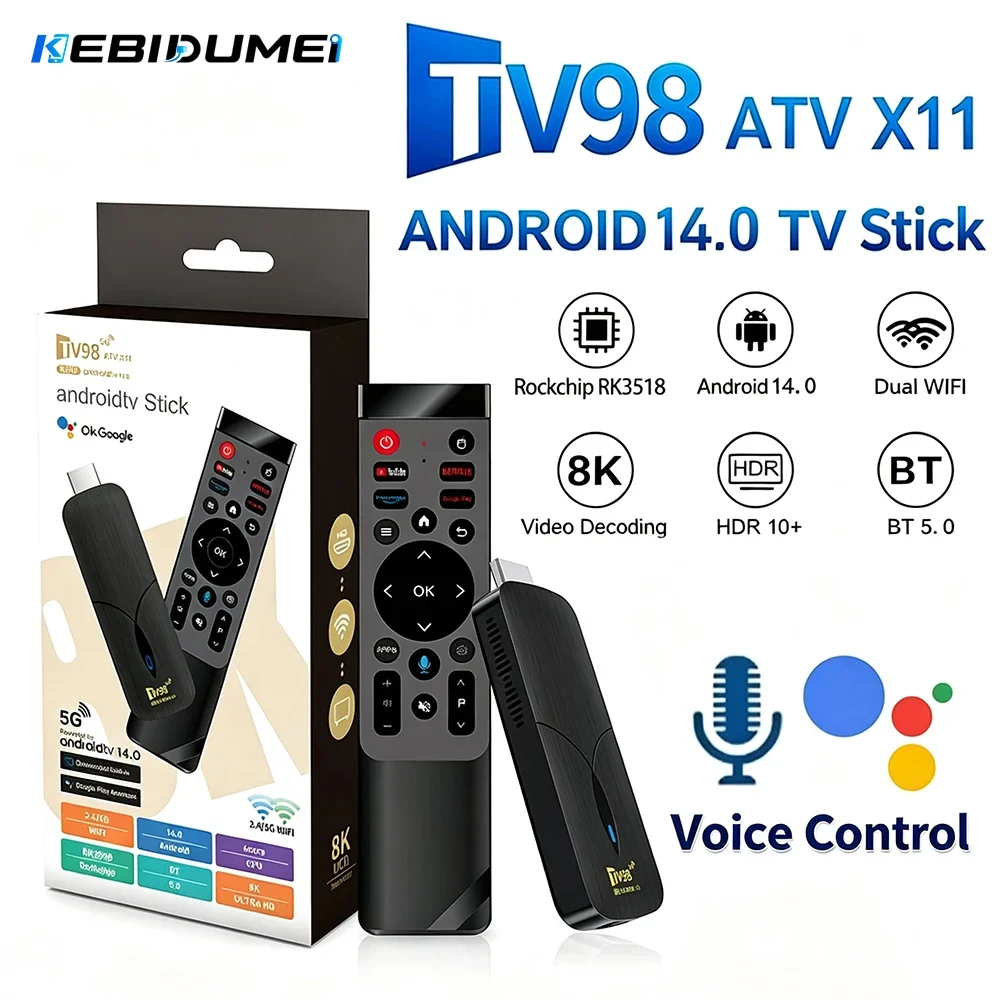 Kebidumei TV Stick Android 14.0 TV98 ATV X11 RK3518 HD 8K Smart Dual WiFi 5G BT5.0 Voice Media Player Voice Remote Smart TV Box
