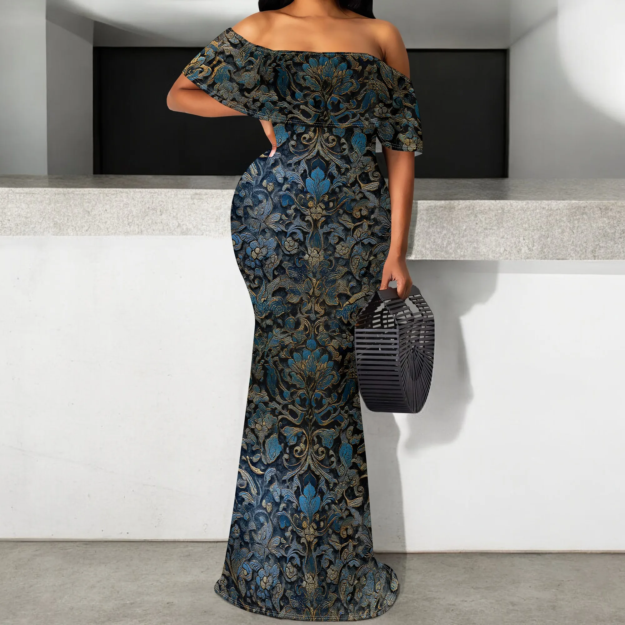 

Women's Elegant Baroque Floral Maxi Dress Off Shoulder Dark Blue Gold Pattern Evening Look S-3XL