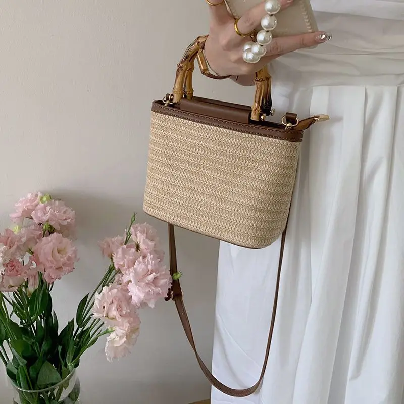 

TRSYPHXM new 2024 summer new niche crossbody bag woven small bag women's texture hand-held straw woven bucket bag women