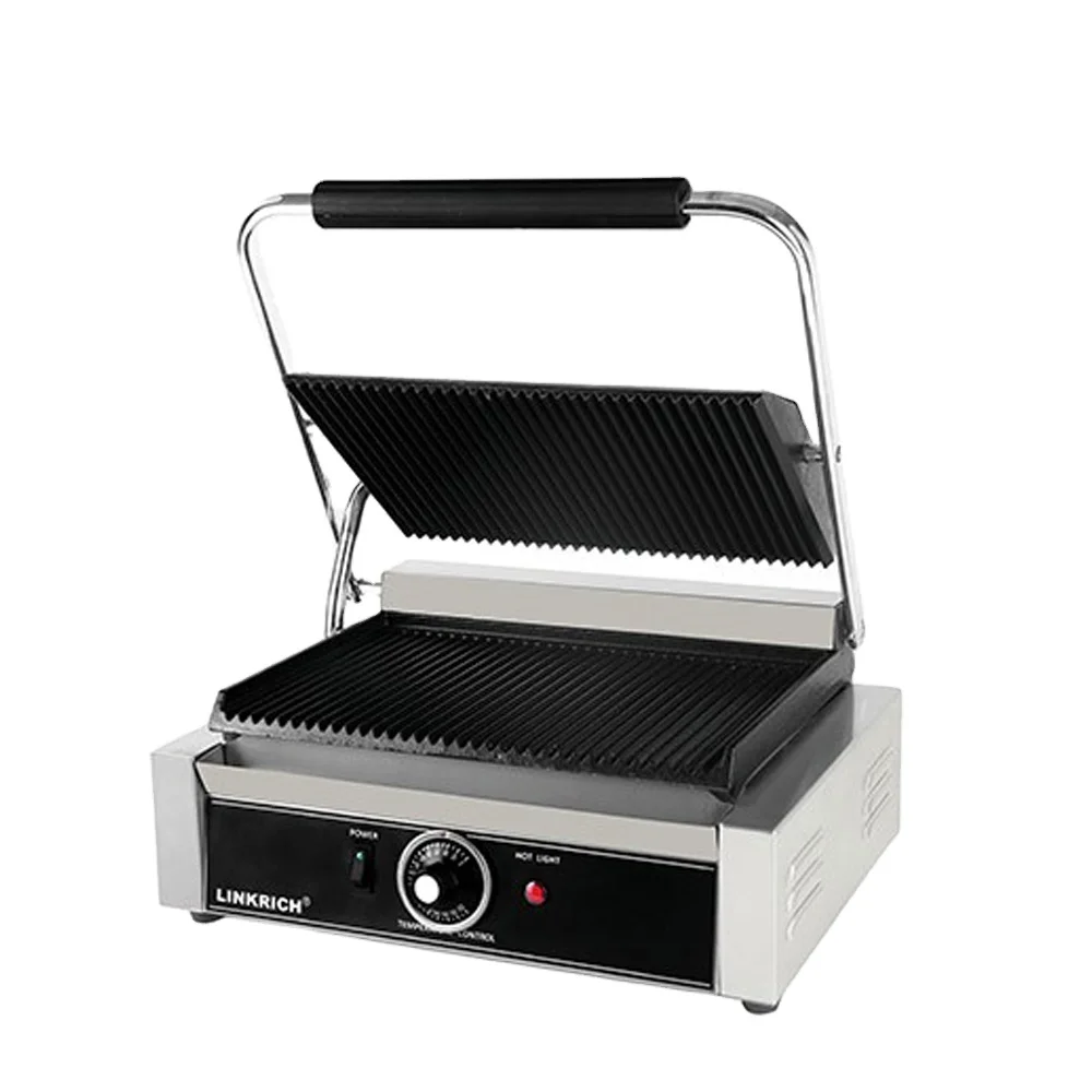 Linkrich Hot Selling Commercial Single Cast Iron Electric Not Stick Panini Sandwich Maker Grill Contact Grills Factory Price