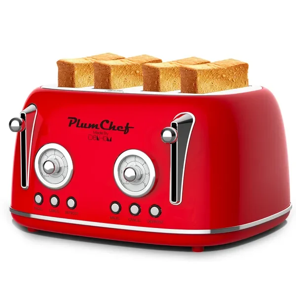 

4-Slice Retro Toaster, 6 Settings, Bagel/Defrost, Removable Crumb Tray, Stainless Steel, 1650W, Red