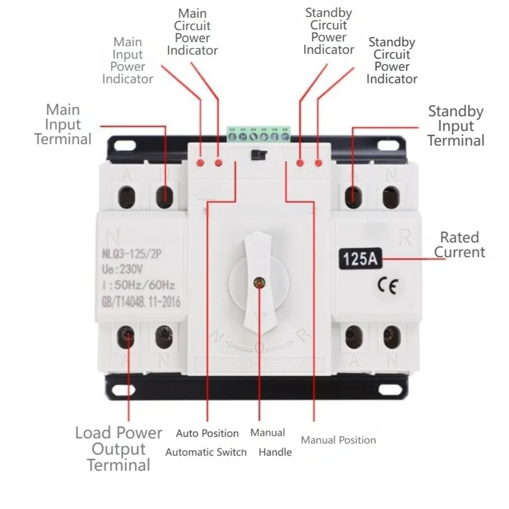 220V Dual Automatic Transfer Switch 2P For for Solar Power Use with 32A to 125A Adjustable Ratings and Quick Response