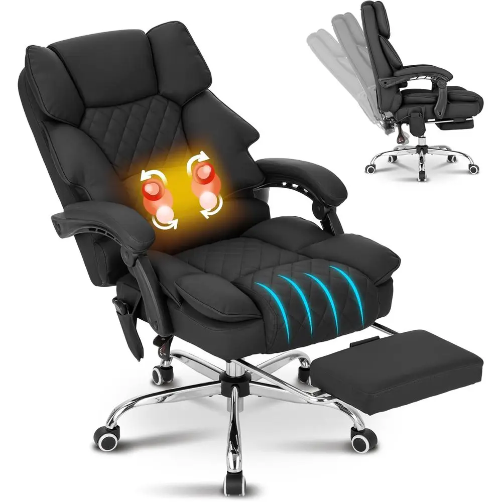 

Luxury Leather Executive Chair with Heated Massage, Recline, and Footrest