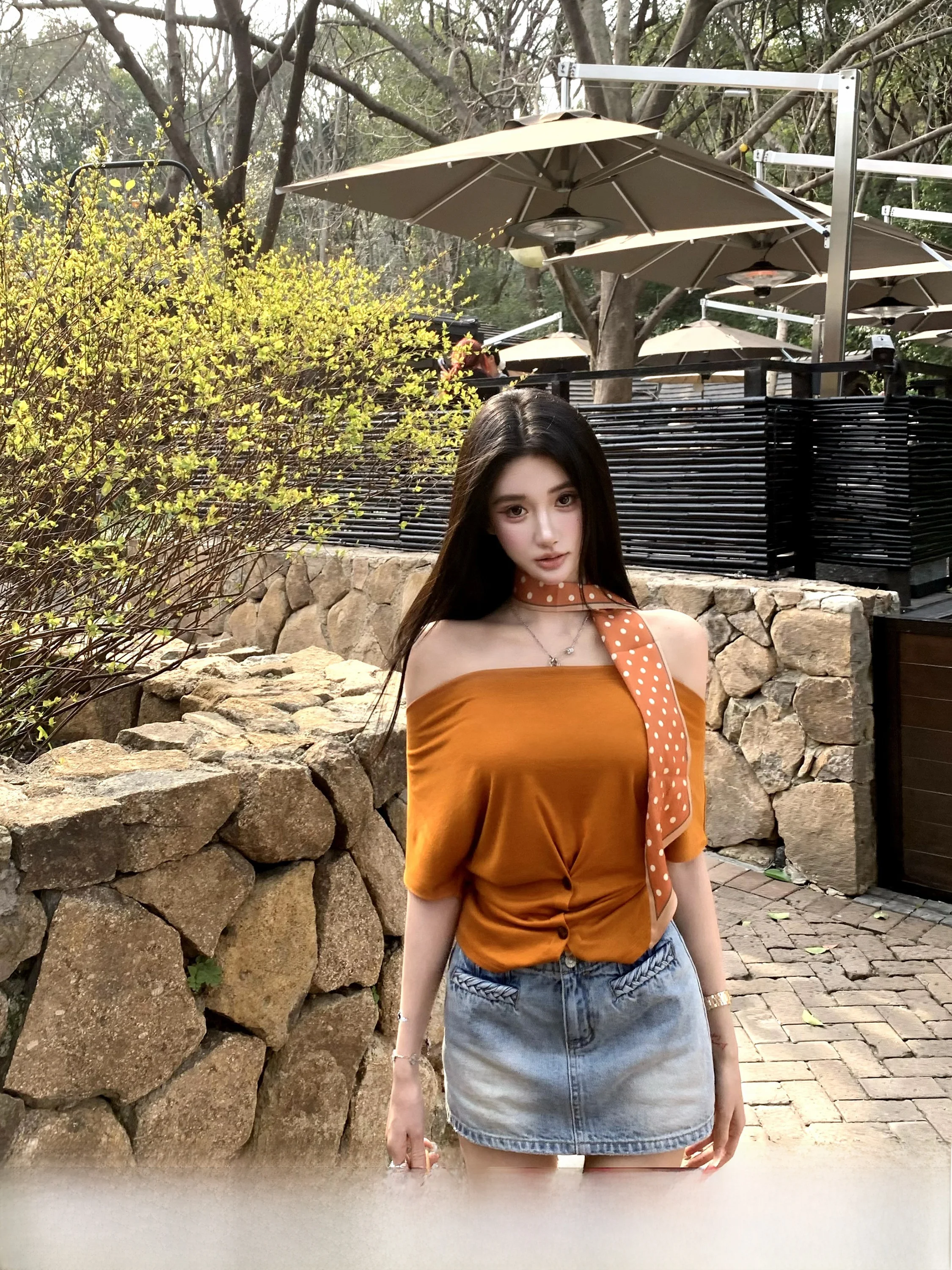 

Sweet Cool Pumpkin 682 Lenzing Lyocell Knitted Top One Shoulder Short Sleeve Women's Fashion Spring Elastic Regular Fit Short...