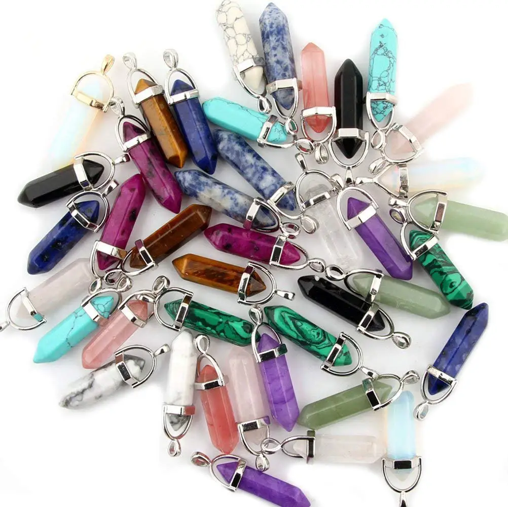 Mutilcolor 10pcs Bullet Shape Healing Pointed Chakra Pendants Sugilite Quartz Stone Charm Randow Color for Necklace Making