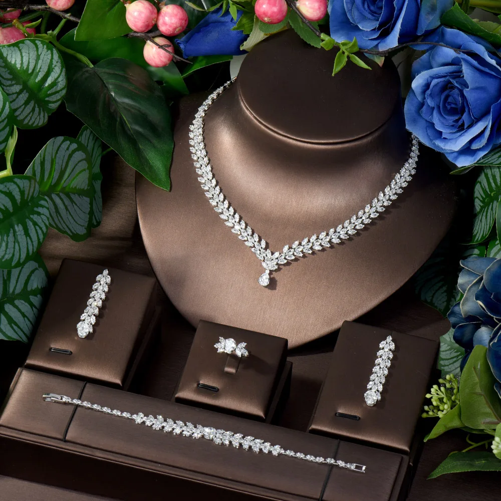 

HIBRIDE Graceful Leaf Zirconia Necklace Earring Accessories Engagement Party Women's Jewelry Sets Holiday Gifts N-303