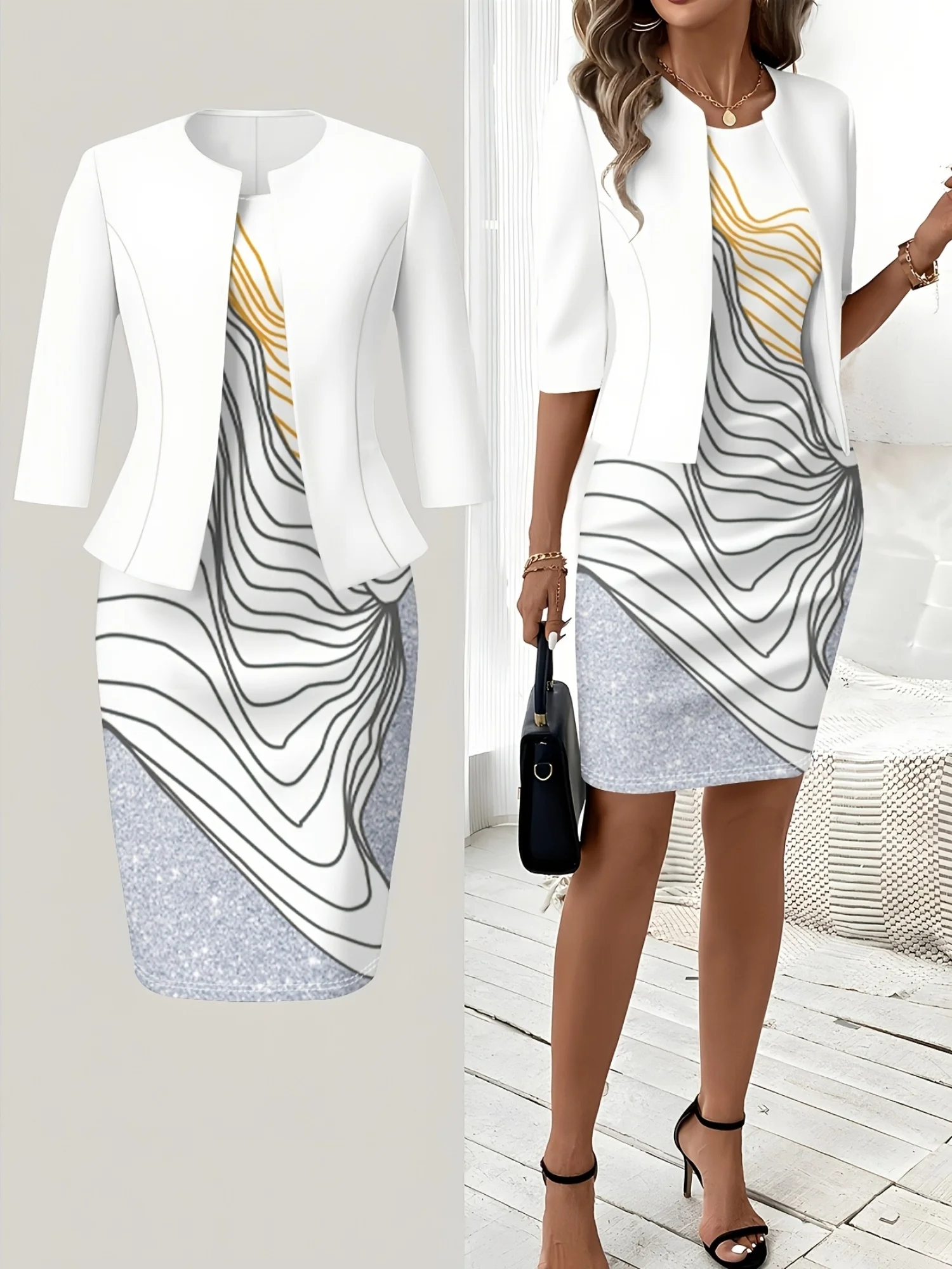 Printed Design Autumn/Winter collection casual style Wave Line Abstract Pattern Print crew neck dress suit