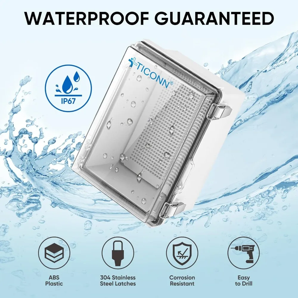 Waterproof Electrical Junction Box IP67 ABS Plastic Enclosure with Hinged Cover with Mounting Plate, Wall Brackets, Cable Glands