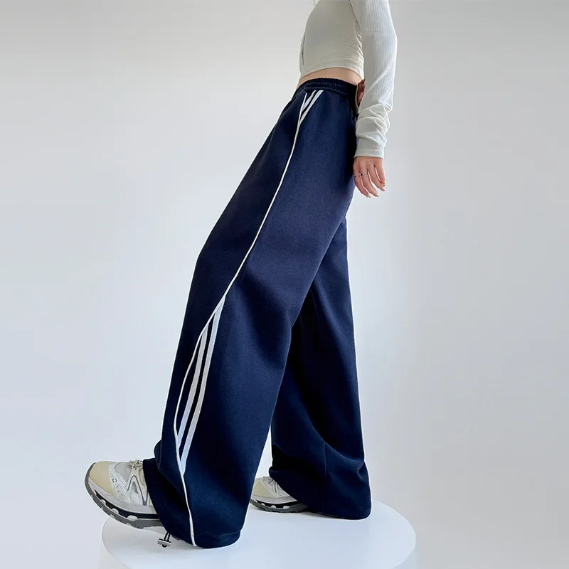 

American Style Sports Pants Women Casual Wide Leg Straight Stripes Sweatpants