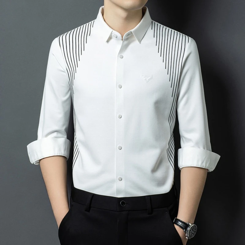 

​ ​ Мужская бесшовная классическая рубашка — белая с черной акцентной полоской из смеси хлопка | Деловой повседневный минималистский стиль ​ ​