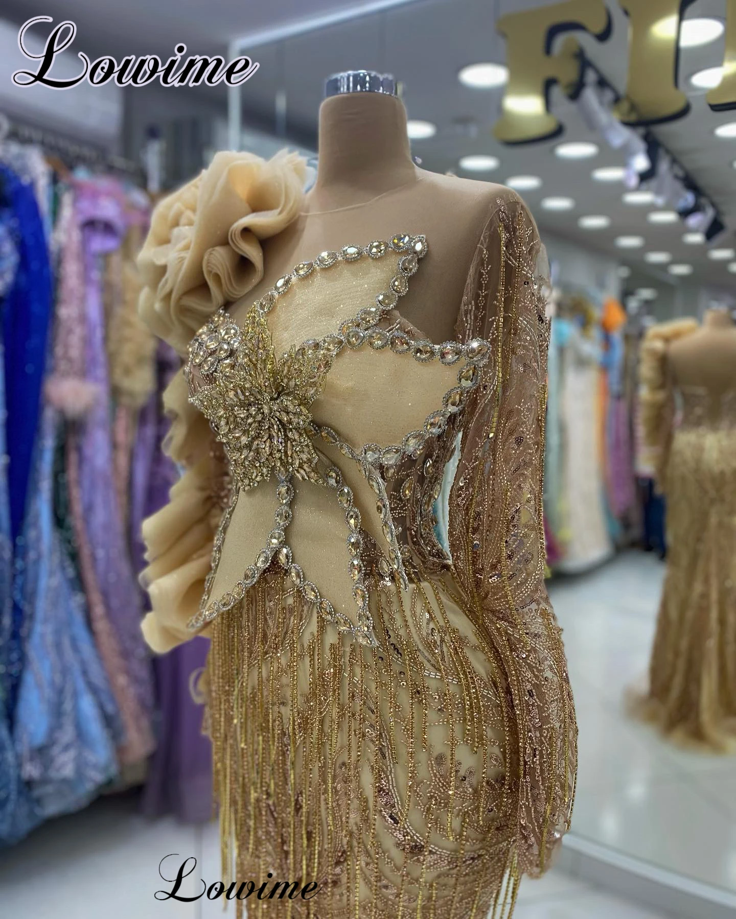 Sheer Neck Gold Beaded Evening Dresses Mermaid Long Sleeves Formal Occasion Dresses Crystals Celebrity Dress Vestidos De Fiesta