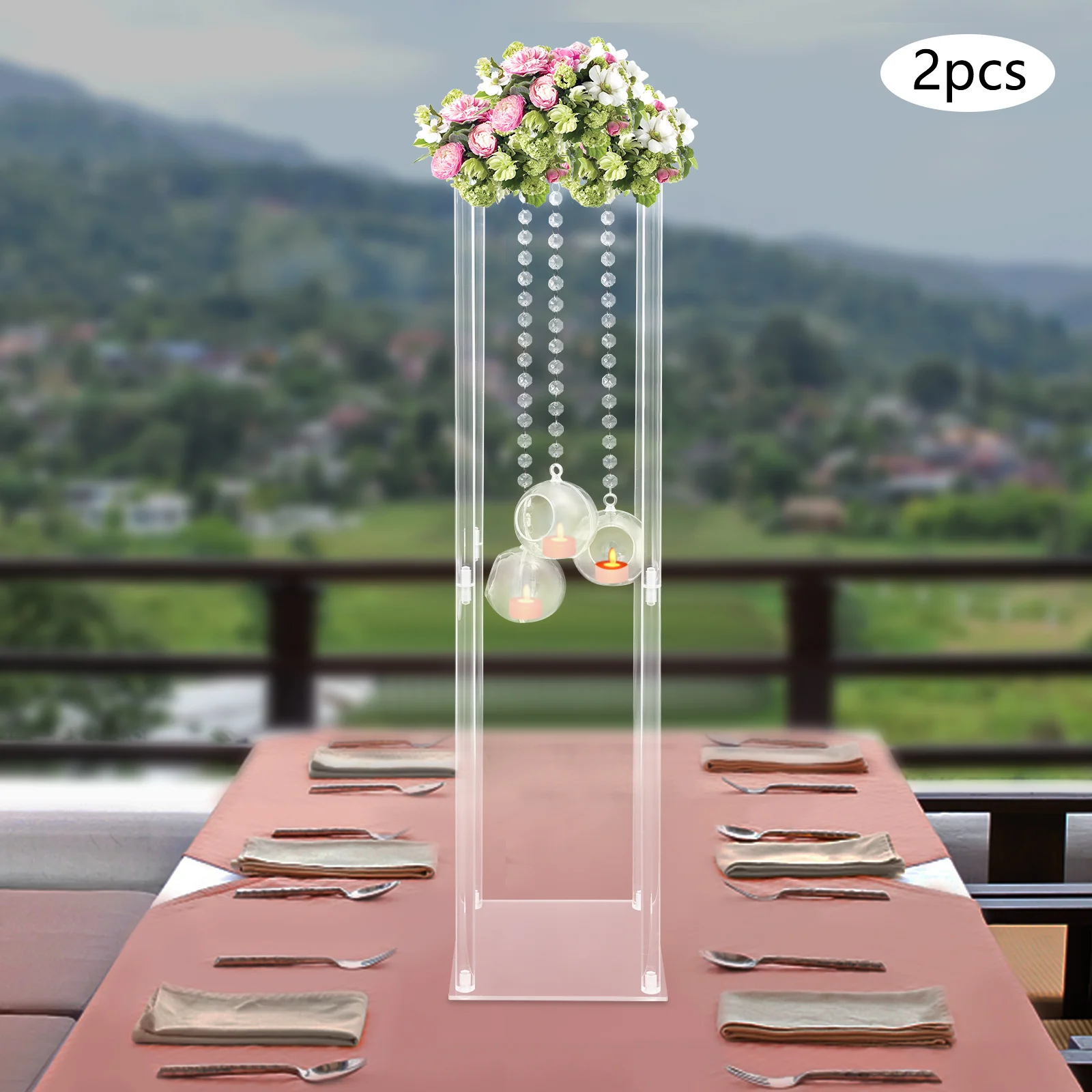 

2Pcs Clear Flower Stand Wedding Centerpieces 20*20*80cm with Hanging Candle Holders for Banquet, Festival, Party Decoration