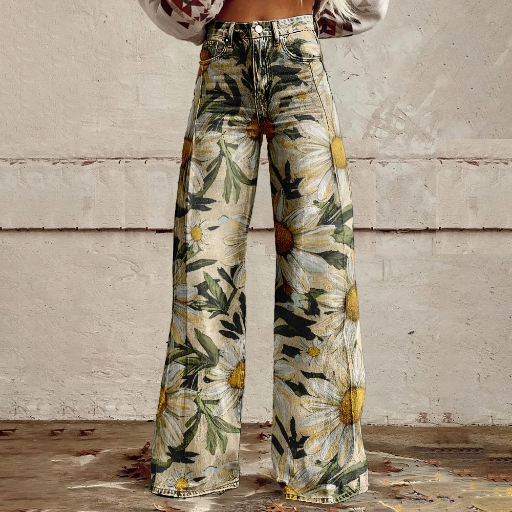 Grand pantalon décontracté à jambes larges imprimé floral pour femmes, pantalon sexy moderne de style européen, rétro et à la mode, jambes larges et amples