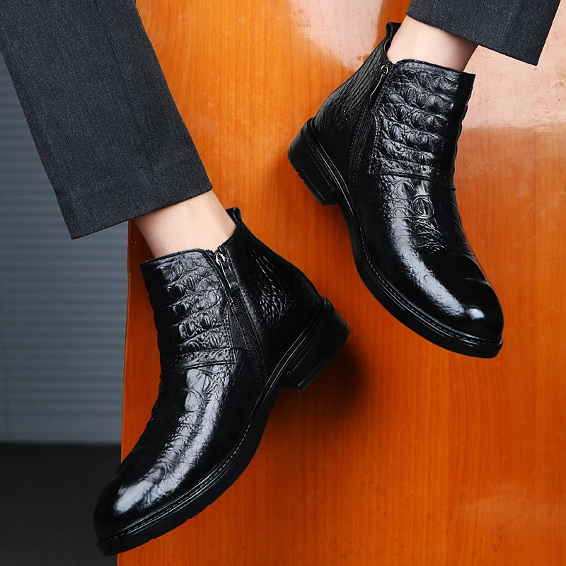 

Fashion Crocodile Patterned Genuine Leather Mens Boots Luxury Brand Winter Fleece Warm Chelsea Boots High-quality Handmade Boots