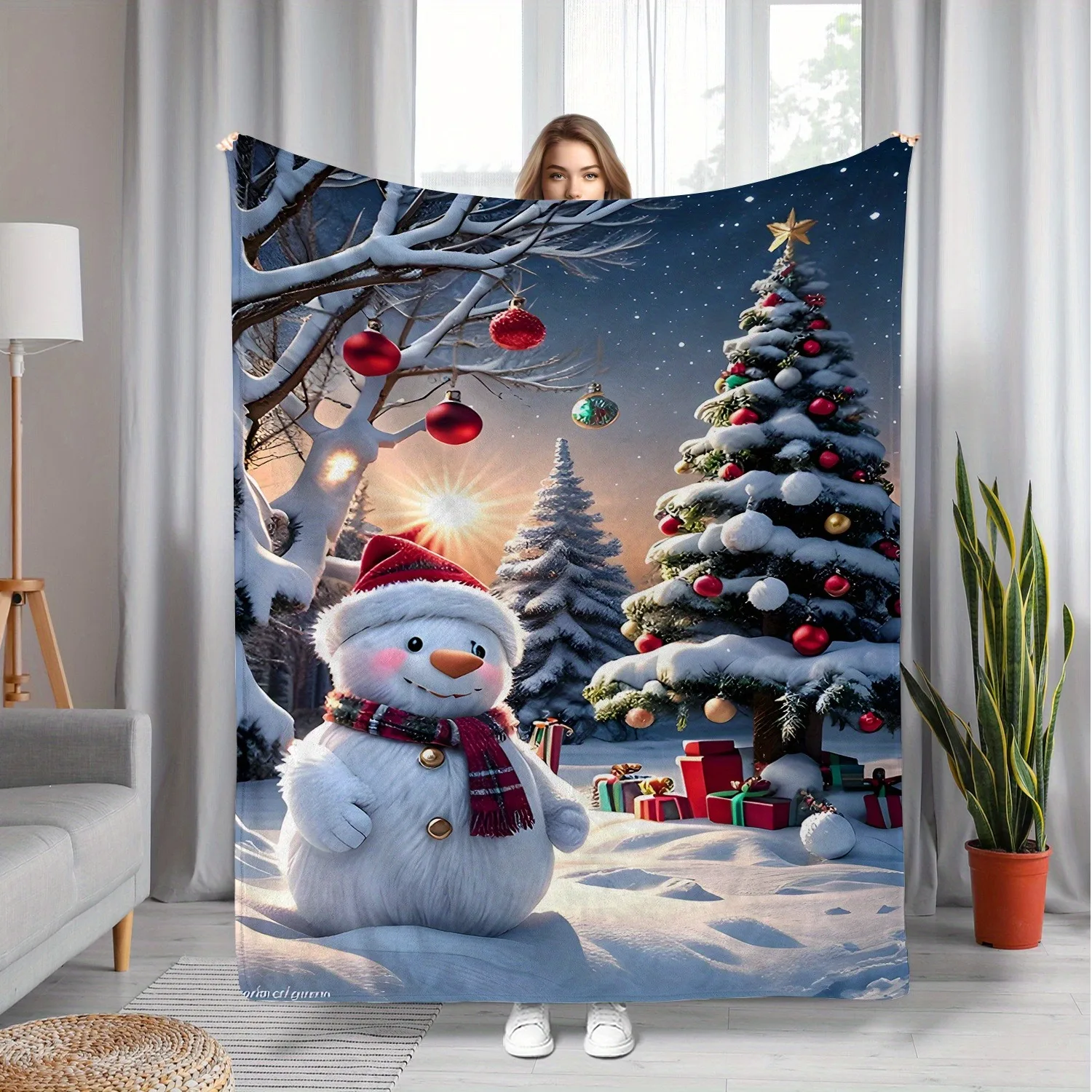 1pc Christmas Snowman Pattern Blanket ,Sofa, bed, travel, lunch break, flannel blanket.