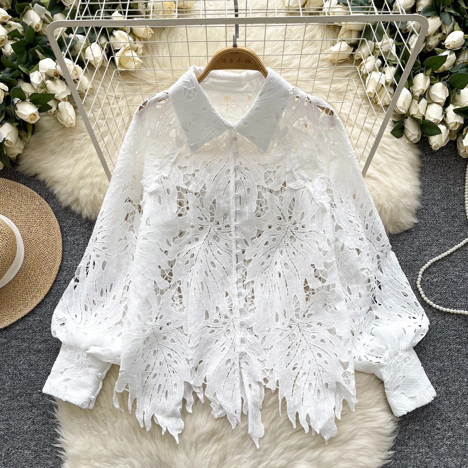 Chic Lace Hollow Out Puff Sleeve Lapel Single Breasted Elegant Fashion Sexy Shirt Spring Autumn Women Blouse