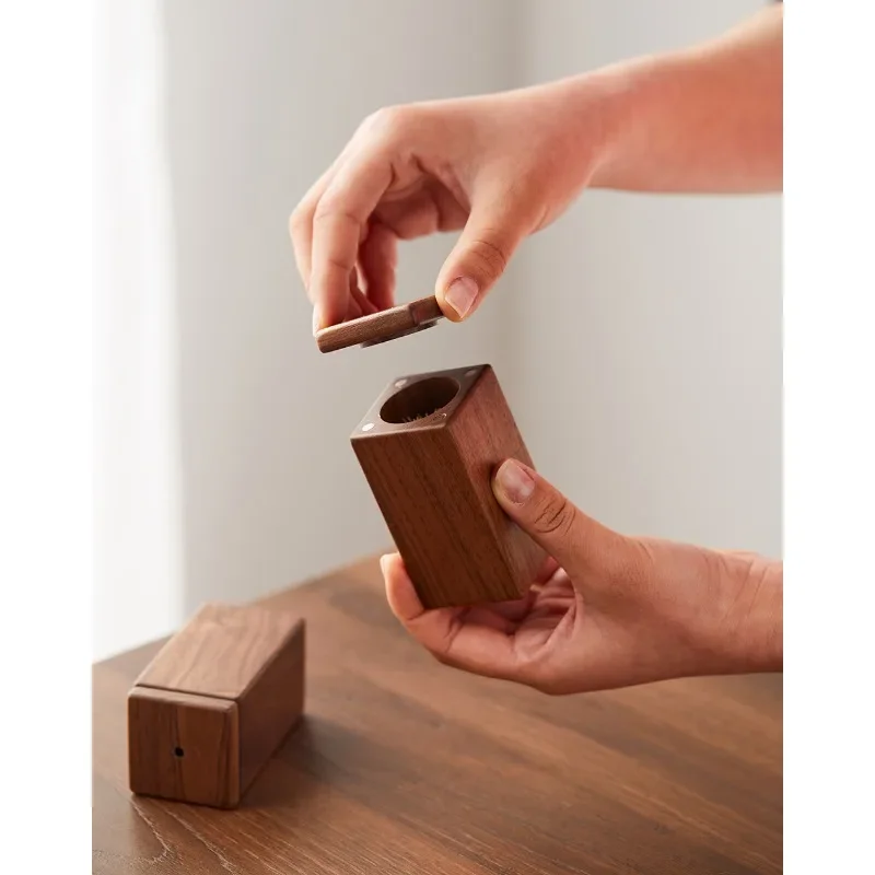 Toothpick Box Black Walnut Wood Home Wheat Straw Toothpick Holder Container Portable Pop-Up Toothpick Dispenser