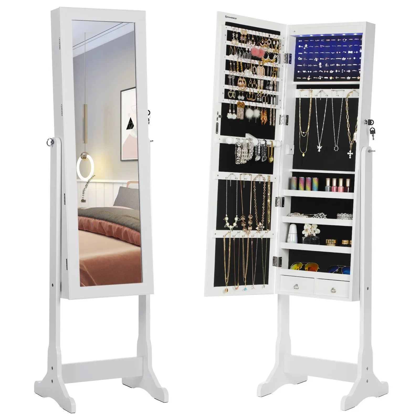 SONGMICS Jewelry cabinet mirror cabinet with LED lighting, 4 shelves