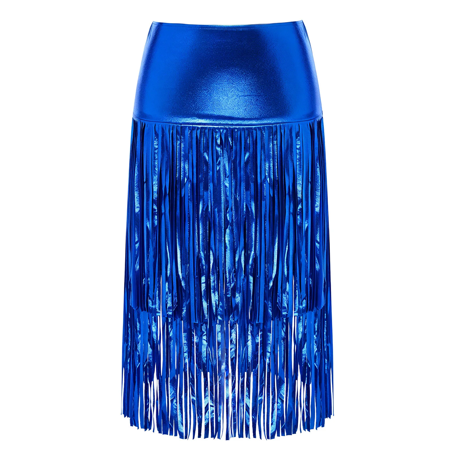 Women Metallic Shiny Fringed Midi Skirts Dancewear Flowy Tiered Tassels High Waist Bodycon Skirt for Disco Jazz Carnival Party