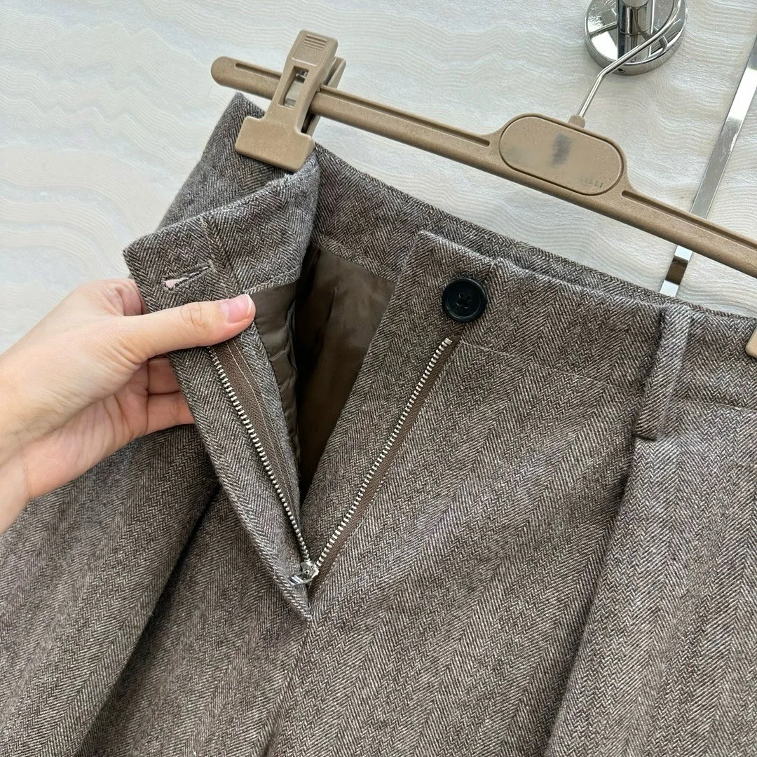 여성용 패셔너블한 피본 패턴 스트레이트 레그 캐주얼 울 바지, 엘리트 출퇴근용 바지, 심플한 롱 팬츠