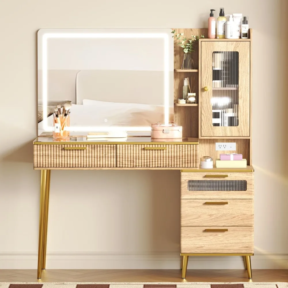 

47.24" Big Modern Vanity Desk with Mirror and Lights, Vanity Desk with 29.53" HD Lighted Mirror, Makeup Vanity