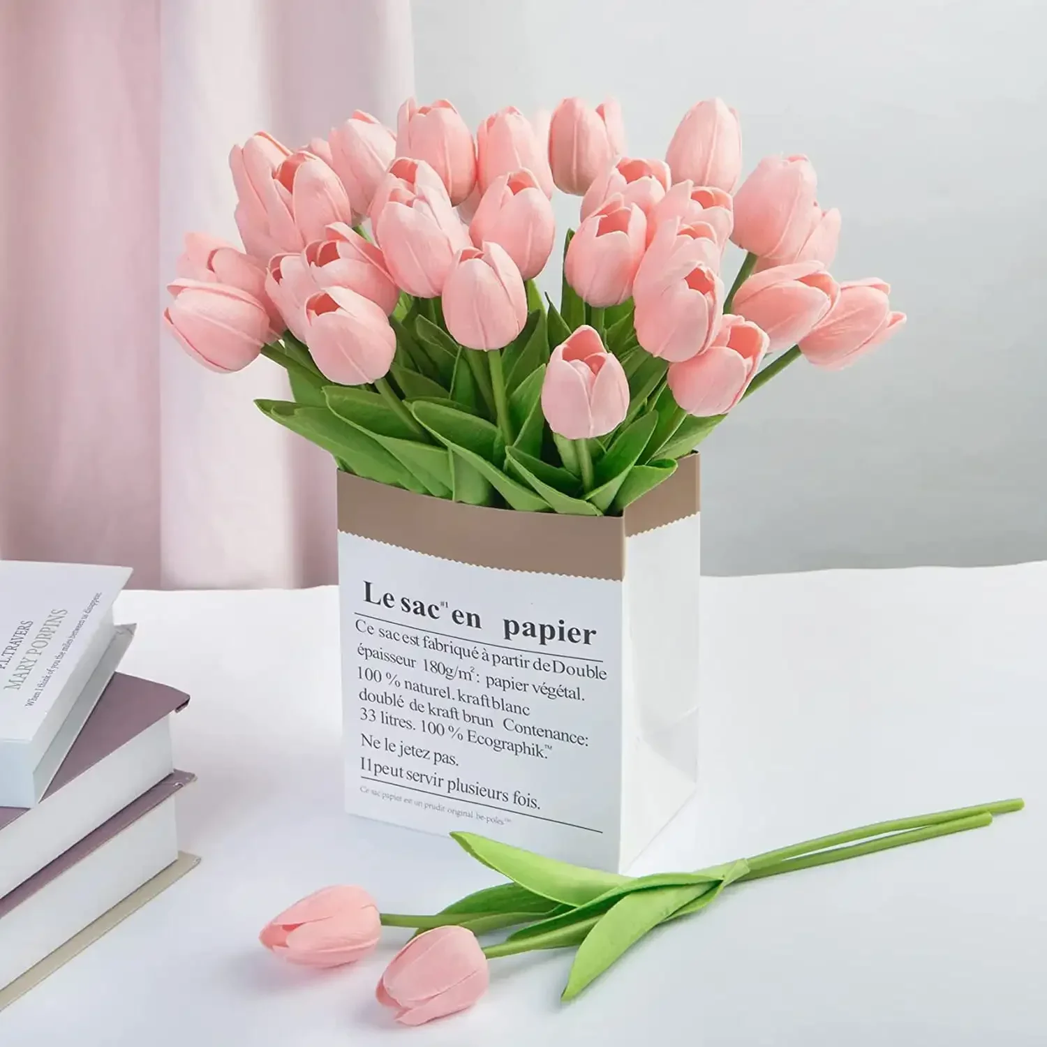 10Pcs Pink Artificial Tulips Flowers Fake Tulips PU Real Touch Faux Flowers Bouquet for Room Office Table Party Spring Wedding