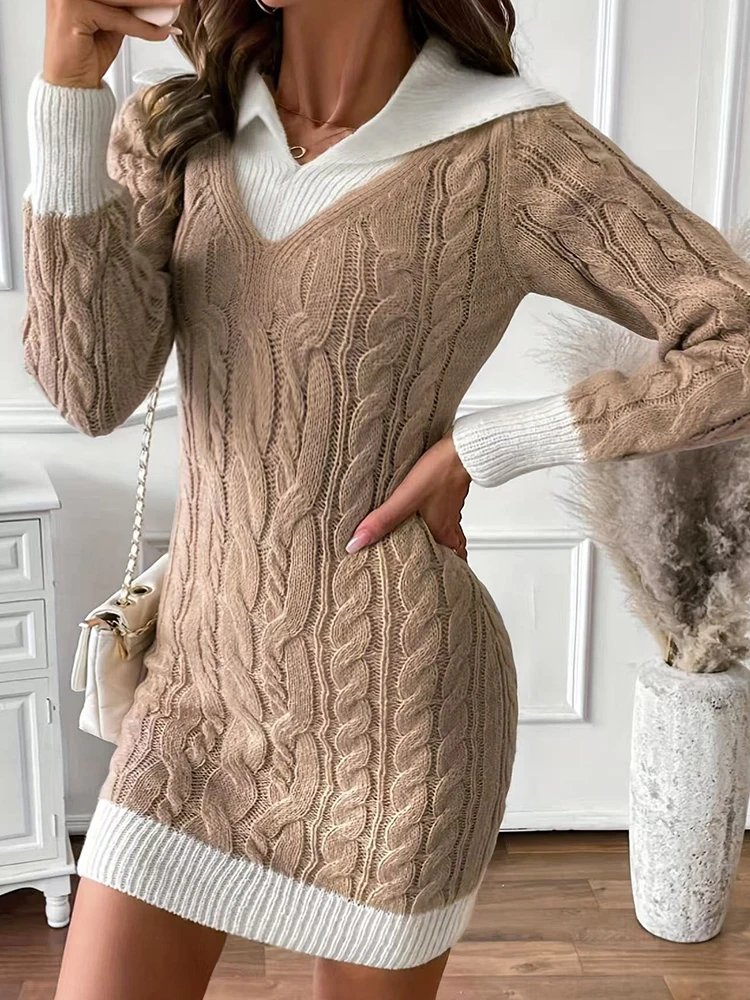 

Простое лоскутное мини-платье с отложным воротником, осенне-зимнее женское шикарное платье-футляр с длинными рукавами, модное вязаное женское платье 2025 года