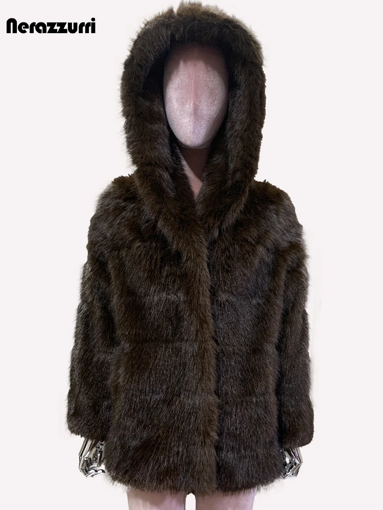 Nerazzurri Autumn Winter Thick Warm Soft Striped Shaggy Faux Sable Fur Coat Women with Hood Chic Elegant Luxury Fluffy Jacket