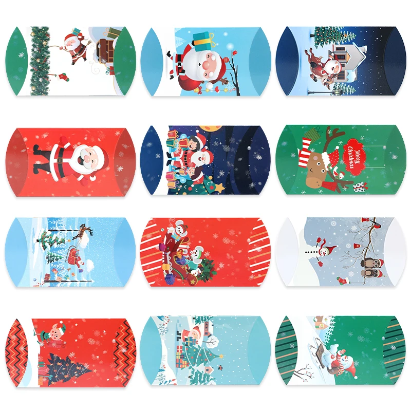 12pcs Christmas Pillow Shape Candy Boxes Santa Snow Cookies Gifts Packing Paper Box Christmas Decoration For Home New Year Gift