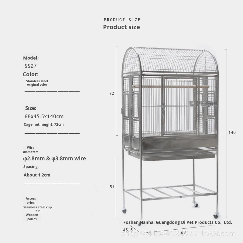 Oversize 304 Stainless Steel Bird Cage for Large Breed Parrots Solid Pattern Button Closure Eco-friendly Live Use Crate Packing