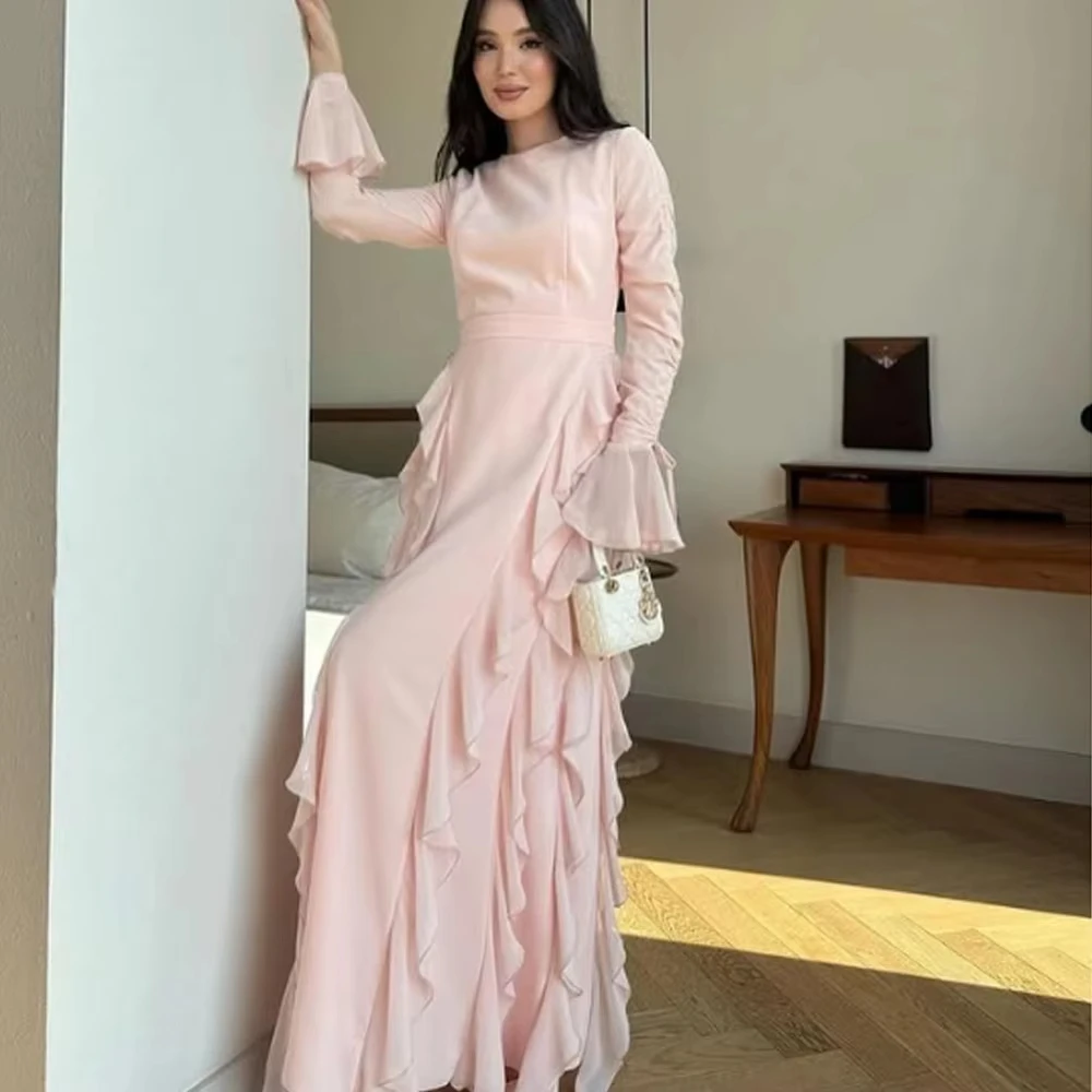 

Blush Pink A-line O-Neck Prom Dresses 2025 Simple Draped Long Sleeves Evening Dresses Ankle length Pleat Party Dress Customized