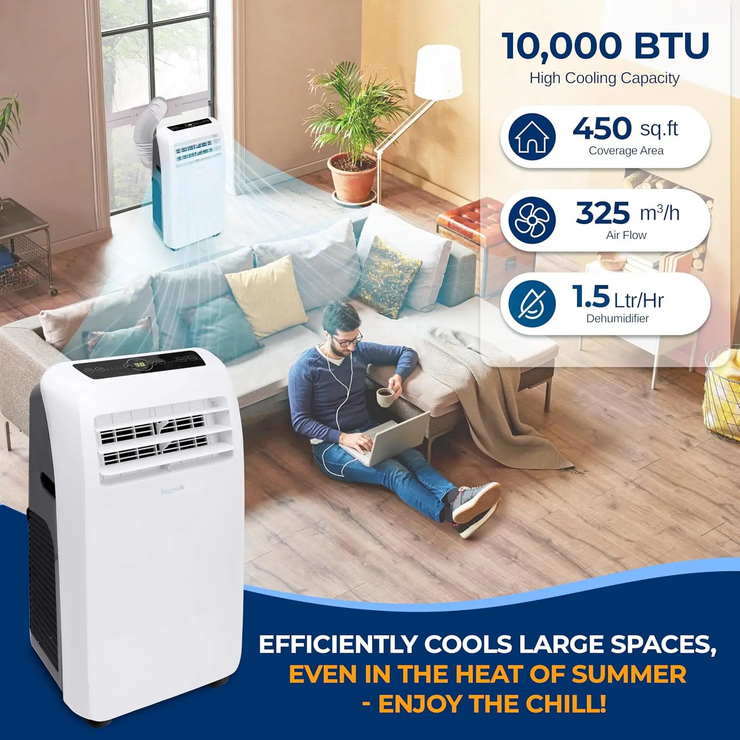 Serenelife Kleine Airconditioner Draagbare 10,000 Btu Met Ingebouwde Ontvochtiger + Warmte, Draagbare AC-Unit Voor Kamers Tot 450 Vierkante Voet