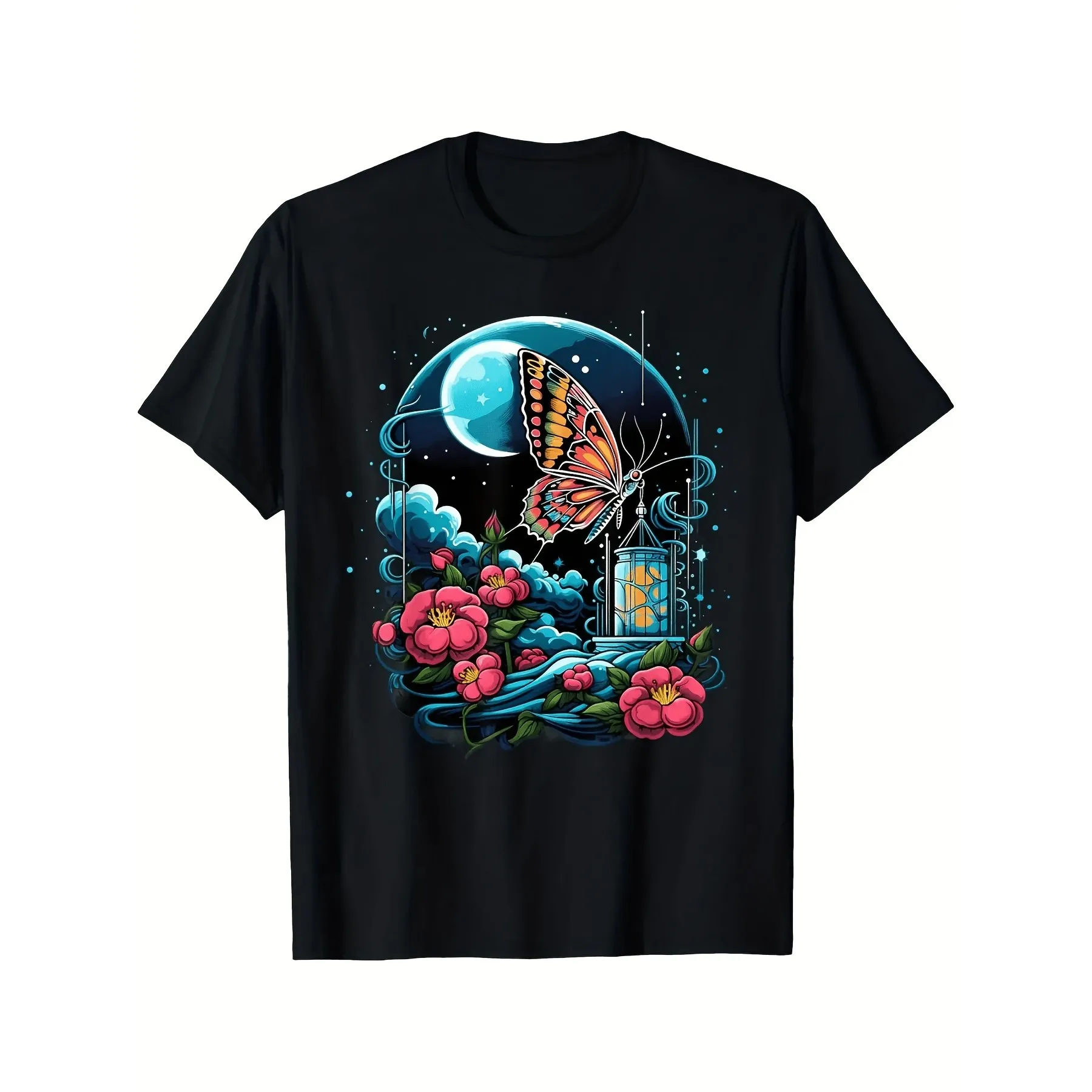 Full Moon Peony Butterfly Lantern Neo Traditional Tattoo Print T-Shirt Breathable Short Sleeve Round Neck Tee